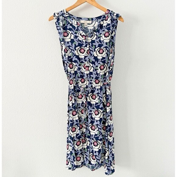 Ann Taylor Loft Floral Dress Womens Large Blue Rayon Ruffle Sleeveless Tie Waist - Picture 1 of 9